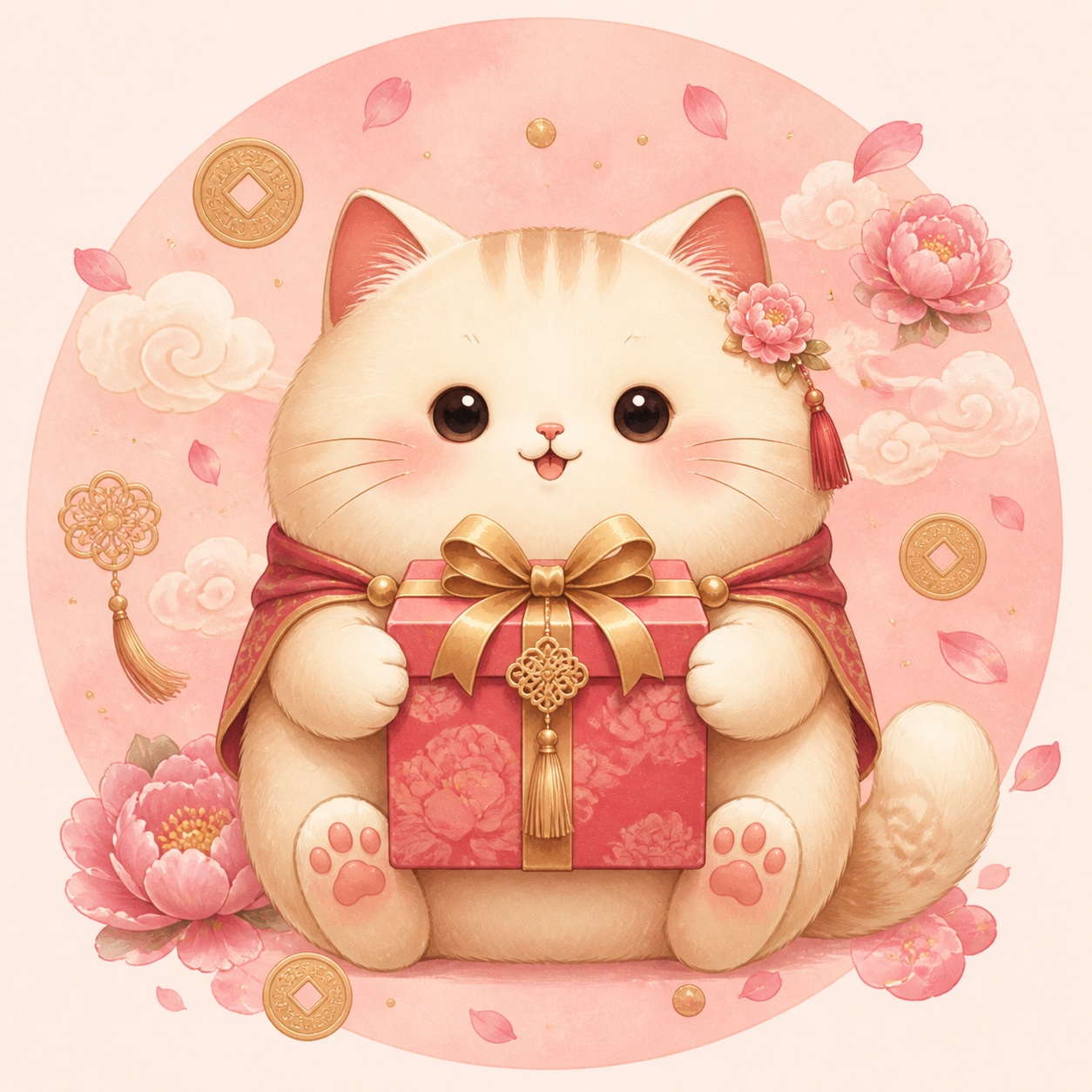 A cheerful cat holding a little gift